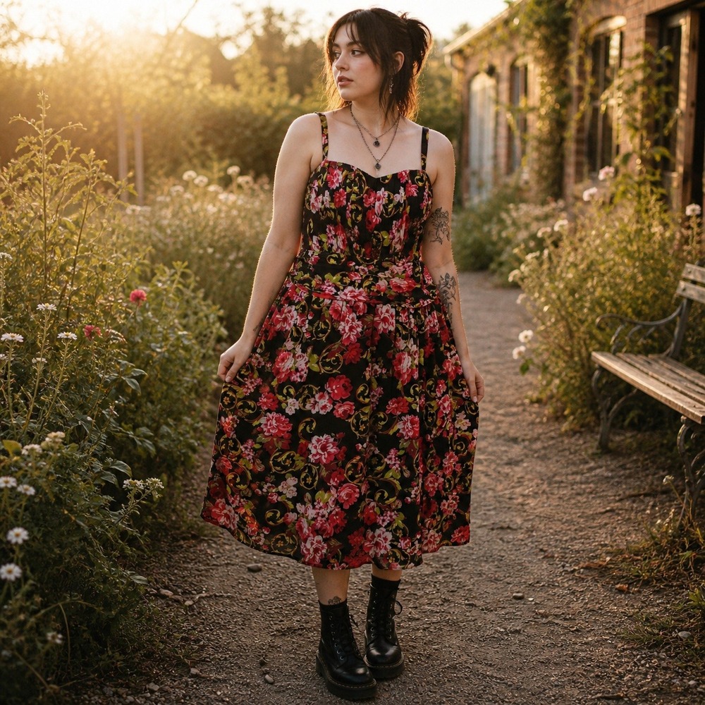 Floral Midi Dress with Sweetheart Neckline